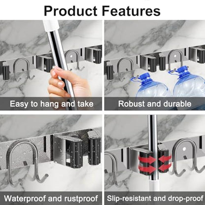Mop Broom Holder Wall Mount, 2 Packs Silver Stainless Steel Tool Storage Organizer for Kitchen Garden Garage Laundry Room Bathroom and RV with 4 Slots 6 Hooks - color: Silver-2 Pack