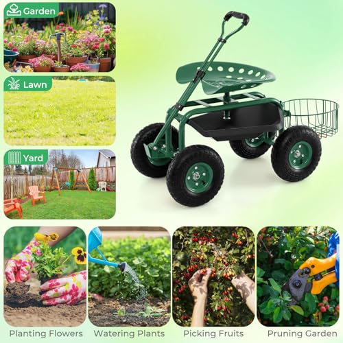 Garden Seat with Wheels, Rolling Stool with Extendable Handle, Storage Basket & Tool Tray, Garden Scooter with 360 Degree Swivel Seat for Outdoor & Yard (Green) - color: Green