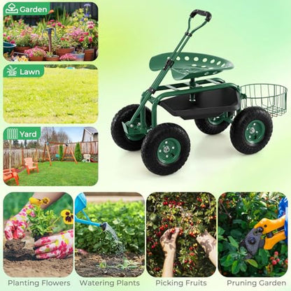 Garden Seat with Wheels, Rolling Stool with Extendable Handle, Storage Basket & Tool Tray, Garden Scooter with 360 Degree Swivel Seat for Outdoor & Yard (Green) - color: Green