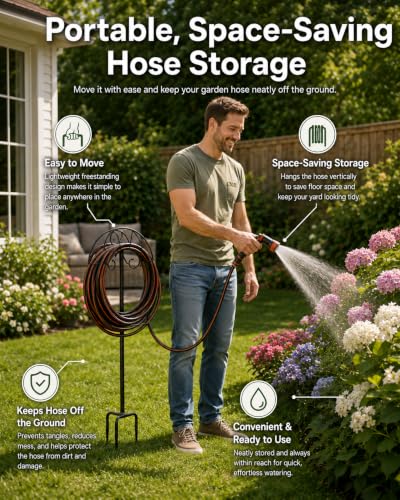 Freestanding Garden Hose Holder Stand – Heavy Duty Hose Hanger Stand, Outdoor Hose Organizer, Water Hose Stand Rack, Hose Butler Storage for Yard Lawn Garden（black） - size: 44in