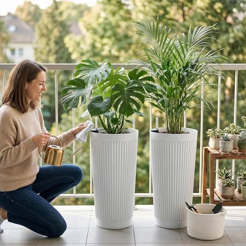 TUYOHW 24 Inch Tall Round Plastic Planter with Self Watering System, Large Indoor Outdoor Planter for Home, Patio, Garden - color: White-round