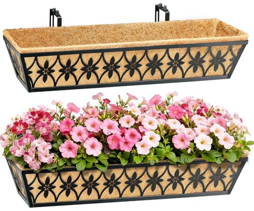30 Inch Window Boxes Planters Railing Planter Box - 2 Pack Deck Railing Planter Boxes with Adjustable Brackets Coco Liners Balcony Planters Railing Hanging for Window Flower Boxes Outdoor Garden Decor - size: 30 Inch