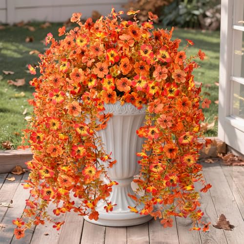 Hommyea Artificial Fake Fall Flowers Plants for Outdoors Mums Home Decor - color: Orange Sunset Red