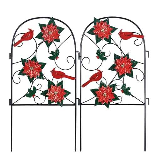 hogardeck Outdoor Christmas Decorations, 2 Pcs Metal Fence Floral Decorative Garden Stakes with Poinsettia Red Birds for Christmas Decor, Yard Signs for Garden Lawn Patio Home - color: Christmas Red