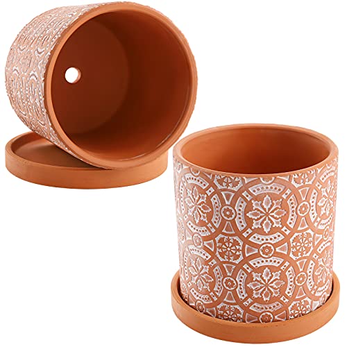 Jucoan 2 Pack Terracotta Plant Pot, 5'' Red Clay Planter Pot with Boho Flower Pattern, Ceramic Cactus Flower Planter Succulent Pot with Drainage Hole and Saucer for Indoor Outdoor Plant