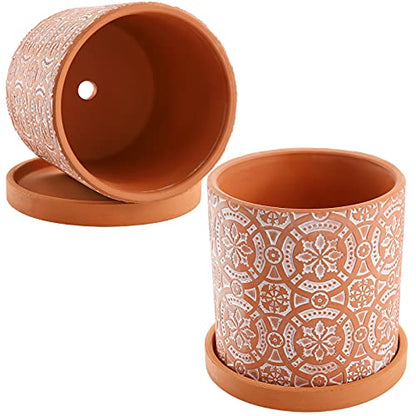 Jucoan 2 Pack Terracotta Plant Pot, 5'' Red Clay Planter Pot with Boho Flower Pattern, Ceramic Cactus Flower Planter Succulent Pot with Drainage Hole and Saucer for Indoor Outdoor Plant