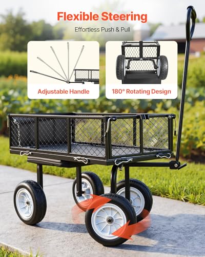VEVOR 500 LBS Steel Garden Cart with Work Seat, Heavy Duty Garden Wagon Cart on Wheels, Outdoor Metal Utility Yard Wagon Gardening Stool with 10inch Flat Free Tires, Tool Tray & Adjustable Handle - color: Black