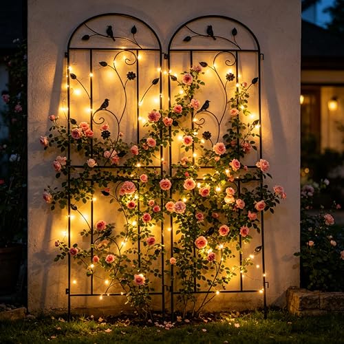 79" x 20" Garden Trellis & 31FT Solar String Lights for Climbing Plants Outdoor, Metal Garden Trellis with Rustproof Powder-Coated, Rose Trellis for Patio Lawn Yard (Vine Bird Panel, 2 Pack)