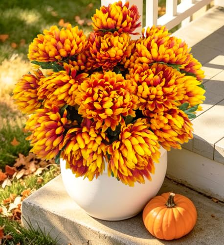 Large Artificial Mums for Outdoors Fall Flowers Silk Chrysanthemum - color: Yellow