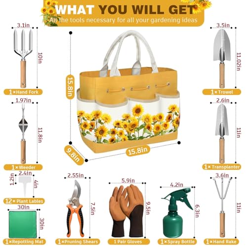 22Pcs Gardening Tools Set for Women Heavy Duty Garden Hand Tool Kit,Birthday Gifts for Mom Wife Grandma Beginner,Gardening Accessories with Sunflower Tote Bag/Shovel/RepottingMat/Plant Labels/Gloves - color: Yellow