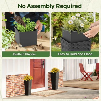 HAPPYGRILL Rattan Tall Planter Set of 2 with Removable Inner Trays - color: Black