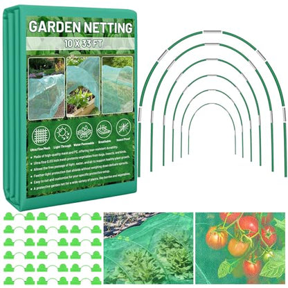 Garden Mesh Netting Kit for Raised Beds, 10x33FT Ultra Fine Mesh Netting& 6 Sets 8FT Fiberglass Garden Hoops, Insect Netting Row Cover, Pest Barrier Protection for Vegetable Fruits Flowers
