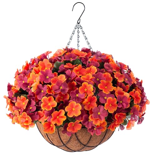 Artificial Fall Hanging Flowers with Basket for Outdoor UV Resistant - color: A-orange Brown