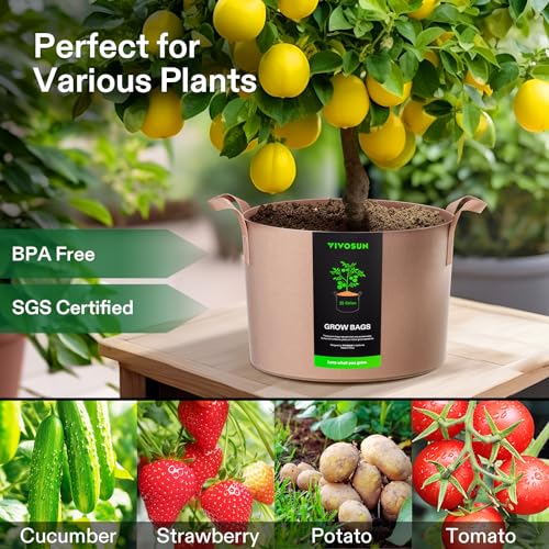 VIVOSUN 5-Pack 25 Gallon Plant Grow Bags Fabric Pots with Handles - color: Tan, size: 25 Gallons