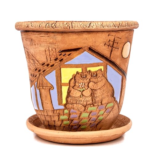 STP GOODS Ceramic Pot with Drainage Hole and Saucer, Plant Pots, Modern Decorative Planters for House Plants Indoor Flowers Plants, Cute Flower Pot - Gifts (Cats (3 L)) - color: Cats (3 L)