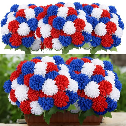 XunYee 12 Pcs Red White Blue Artificial Flowers for Outdoor,Faux Mums - color: Patriotic Tricolor
