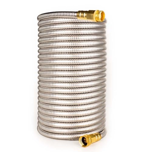 Stainless Steel Garden Hose: 50FT 3/4" Male to Female Brass Fittings - Heavy Duty Metal Water Hose for Yard Lawn Garden Patio - size: 50FT