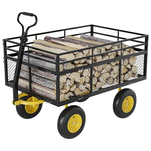 3-in-1 Heavy-Duty Steel Garden Cart, 1400 Lbs Garden Wagon, with 13 Inch All-Terrain Tires and Removable Mesh Side Panels, 180° Rotating Handle, Metal Multi-Function Carts, Outdoor Gardens Wagon Cart - color: Black + Yellow, size: 1400 Lb