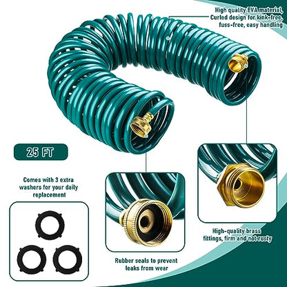 Pangda Expandable Coil Garden Hose 25 ft with Spray Nozzle, Green - color: Green, size: 25 Ft