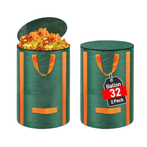 Reusable Yard Waste Bags 2 Packs 32 Gallon Standable Garden Bags for Leaves with Reinforced Carry Handles Heavy Duty Collapsible Yard Waste Containers for Leaves, Lawn Debris & Grass Clippings