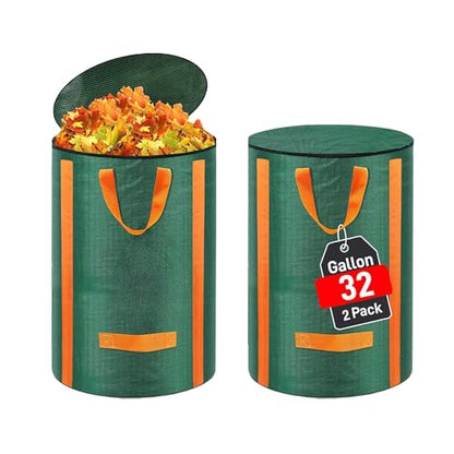 Reusable Yard Waste Bags 2 Packs 32 Gallon Standable Garden Bags for Leaves with Reinforced Carry Handles Heavy Duty Collapsible Yard Waste Containers for Leaves, Lawn Debris & Grass Clippings