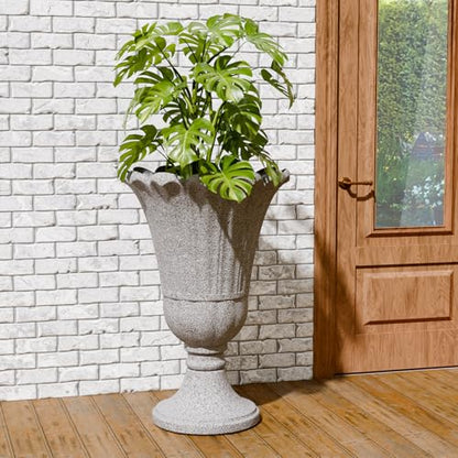 Tall Plastic Urn Planters and Pedestal - 24" Outdoor Planter Grey - color: Gray2-petal