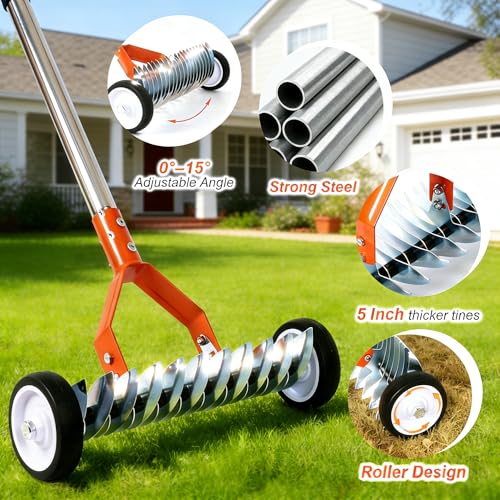 Adjustable Thatch Rake with Wheels - 38"-65" Handle, 21 & 11 Dual-Sided Steel Tines, Heavy-Duty Lawn Dethatching Rake for Cool & Warm Season Grass, Landscape and Lawn Care