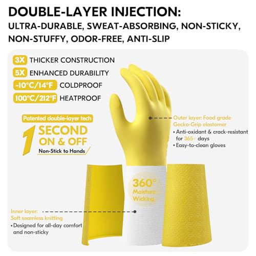 Vgo... Household Cleaning Gloves,Double-layer,Lined Dishwashing Gloves,Long Sleeves for Kitchen,Bathroom Cleaning(TP1117) - color: Yellow, size: X-Large(Pack of 1)