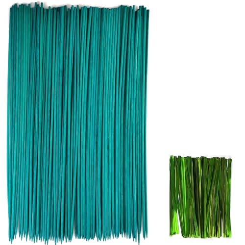 TIHOOD 100PCS 18" Wooden Garden Stakes with 100PCS 4" Garden Ties, Green Bamboo Sticks, Floral Plant Support, Tomato Stakes - color: Green