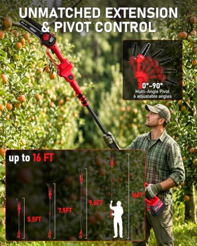 Electric Pole Saw 6“ Mini Chainsaw Cordless Brushless 4.0Ah Batteries Fast Charger Telescopic Power Pole Saw Tree Trimmer Limb Branch Cutter Pruner 16 Ft Max Reach Multi-Angle Red - color: Red-1 Battery