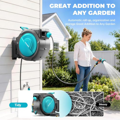 5/8" 110FT Retractable Garden Hose Reel-Heavy Duty Automatic Wall Mounted Hose Reel with 2026 Upgraded UV Resistant, 3/4" Brass Fitting, 10 Pattern Nozzle, 180° Swivel&Any Length Lock Slow Retraction - size: 110FT-5/8''
