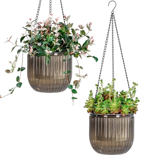 Josteve 6.5 Inch 2 Pcs Self Watering Hanging Planter Indoor Plant Pots Drainage Holes, Outdoor Hanging Planters Flower Pot Basket, Visible Water Level, Plant Hanger Home Decor, Gardening - color: Gray, size: 2*6.5 inch