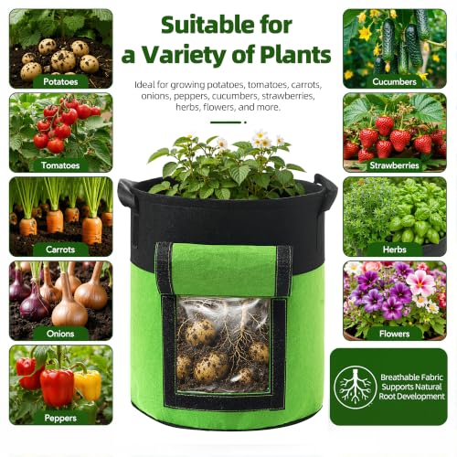 5-Pack 7 Gallon Potato Grow Bags with Harvest Window & Visible Window, Thick Nonwoven Fabric Planter Pots with Handles, Reusable Garden Bags for Potatoes, Carrot, Onion, Tomatoes and Vegetables