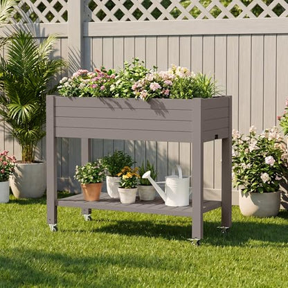 Raised Garden Bed with Shelf, Rolling Resin Planter Box, Gray - color: Gray, size: 33.7" H