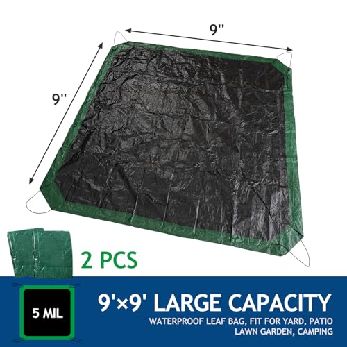 2 Pcs Leaf Tarp 9x9 Feet, Lawn Garden Leaf Tarp with 4 Drawstrings, Reusable Waterproof Poly Tarp Yard Waste Bags, All Purpose Protective Cover for Bikes, Furniture Cover, Tent Footprint - size: 9×9 Ft (2 Pcs)