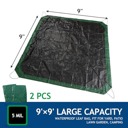 2 Pcs Leaf Tarp 9x9 Feet, Lawn Garden Leaf Tarp with 4 Drawstrings, Reusable Waterproof Poly Tarp Yard Waste Bags, All Purpose Protective Cover for Bikes, Furniture Cover, Tent Footprint - size: 9×9 Ft (2 Pcs)