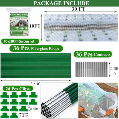 Garden Mesh Netting Kit,10 x 30FT Ultra Fine Netting with 6 Sets Fiberglass Garden Hoops for Raised Beds Vegetable Plants Fruits Greenhouse Row Cover Birds Animals Barrier Protection Net