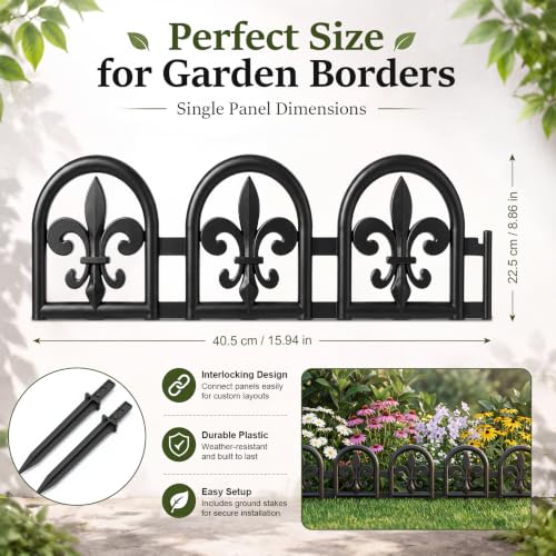 SiliFine Black Garden Border Plastic Edging - 26ft Kit of 20 Pack Decorative Landscape Fence Panels, Interlocking Wrought Iron Style Yard Lawn Edge Barrier for Flower Bed and Pathway