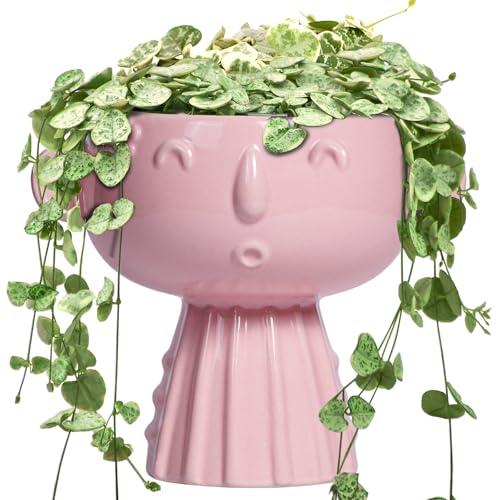 Face Pots for Plants - 7 Inch Ceramic Face Planters Pots Head for Indoor Outdoor, Small Funny Succulent Planters with Drainage Hole, House Room Apartment Decor, Gifts for Women, Bright Pink - color: Bright Pink-girl