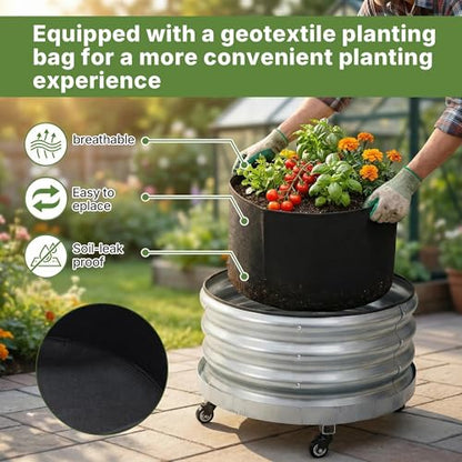 Large Rolling Garden Planter Box with Geotextile Grow Bag & Plastic Tray Pad, Galvanized Metal Raised Garden Bed Outdoor with Wheels for Flowers Tomatoes Vegetables Olive Trees, 2x1.4ft - size: 2x1.4 ft