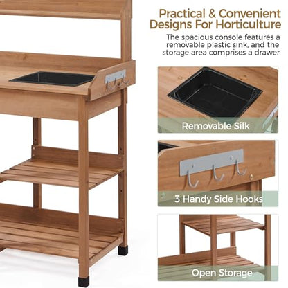 Yaheetech Potting Bench with Sink & Drawer, Outdoor Gardening Table, Brown - color: Brown