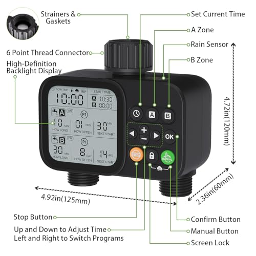 Sprinkler Timer 2 Outlets, Programmable Water Hose Timer with Rain Delay/Manual/Automatic Watering System, Outdoor Digital Automatic Irrigation for Garden Yard Lawn with Large Display(Black)