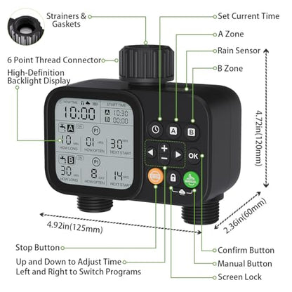 Sprinkler Timer 2 Outlets, Programmable Water Hose Timer with Rain Delay/Manual/Automatic Watering System, Outdoor Digital Automatic Irrigation for Garden Yard Lawn with Large Display(Black)