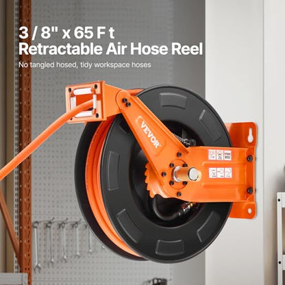 VEVOR Retractable Air Hose Reel with Double Arms, 3/8 IN x 65FT Hybrid Air Hose Max 300PSI, Air Compressor Hose Reel with 5FT Lead in, Ceiling/Wall Mount Heavy Duty Steel Reel for Workshop Garage - size: 3/8 in x 65 ft