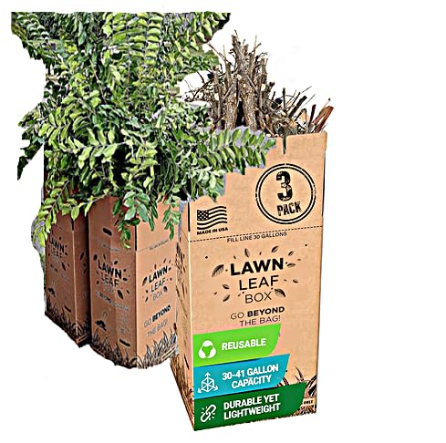 Lawn Leaf Box-Replaces Paper Bags. Heavy Duty Waste Container Weather Puncture Resistant Reusable 30 Gallon Takes Sticks No Rips Folds Flat Built In Lid-Ventilation Slots-American Made Patented