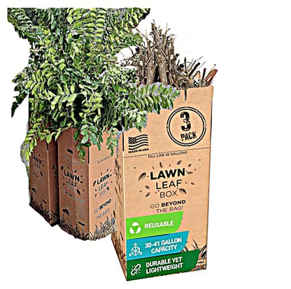 Lawn Leaf Box-Replaces Paper Bags. Heavy Duty Waste Container Weather Puncture Resistant Reusable 30 Gallon Takes Sticks No Rips Folds Flat Built In Lid-Ventilation Slots-American Made Patented