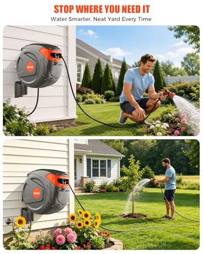 100FT Retractable Garden Hose Reel 1/2 Inch, Wall Mounted Heavy Duty Water Hose with Auto-Lock, Slow Return, 180° Swivel Bracket & 9-Pattern Spray Nozzle, UV Resistant Outdoor Hose Storage System