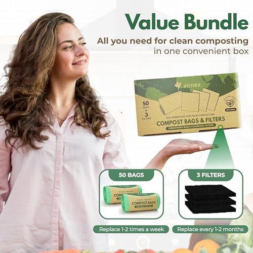 AIRNEX Compostable Trash Bags & Charcoal Filters for Compost Bucket Value Pack for Clean & Odorless Composting - 50 Pcs Compostable Trash Bags Small 1.6 Gal & 3 Pcs Compost Bin Filters Charcoal 3.5"