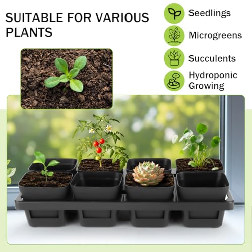 8 Cell Nursery Pots Trays 6 Pack (12" x 6"), 3 inch Square Plastic Nursery Pots 48 Pcs, Durable Carrying Seed Starter Tray, Planting Trays for Holding Small Seedling Pots with Drain Holes (Black) - color: Black, size: 48 Pots + 6 Trays