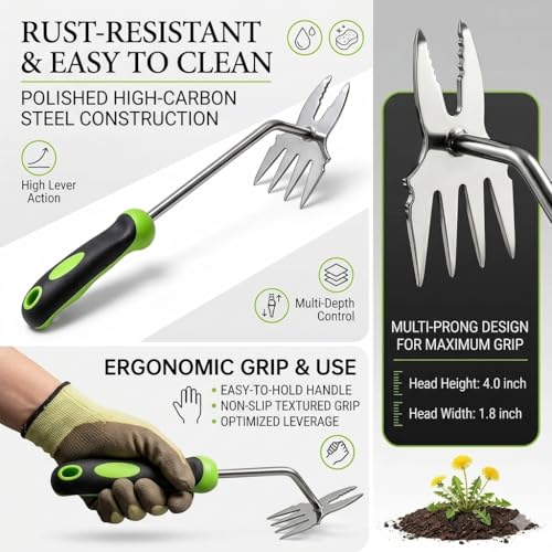 2-in-1 Hand Weeder Puller, Heavy Duty Stainless Steel Garden Tool - color: green